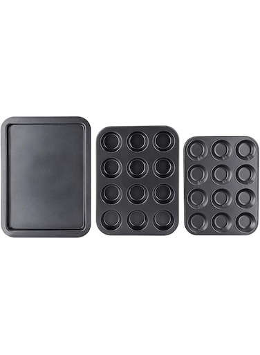 Royalford Non-Stick Bakeware Set - Includes Non-Stick Bun Pan, Cookie Sheet/Baking Sheet &amp; 12Pcs Muffin Pan/Cupcake Pan - 3 Piece, Latte Brown With Comfortable Handle