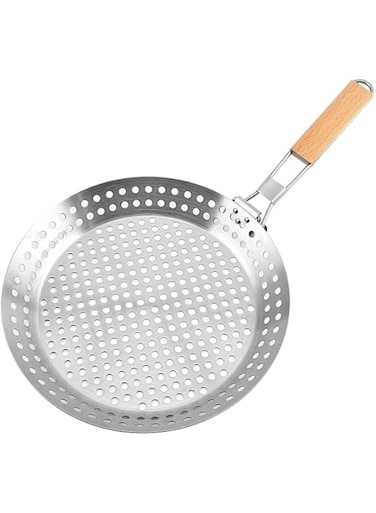 Bafnsiji Stainless Steel Grill Pan with Hole, Non-Stick BBQ Frying Pan, Non-Stick Barbecue Skillet, 430 Stainless Steel Grilling Pans, Folding Wooden Handle BBQ Pan