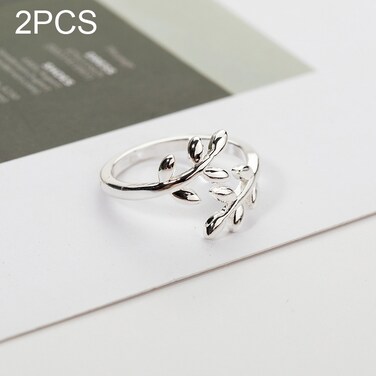 2 PCS Charms Tolive Tree Branch Leaves Adjustable Open Ring for Women(Silver)