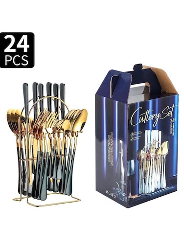 24-Piece Stainless Steel Cutlery Set with Stand &acirc;&euro;&ldquo; Green Finish