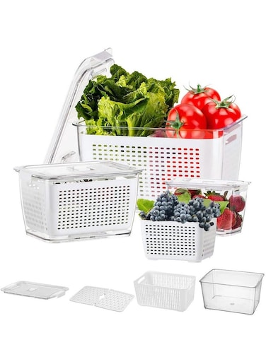 Fresh Produce Saver Veggie Fruit Storage Containers 6-in-1 for Refrigerator 3 Pack Fridge Food Storage Container Set with Lids Draining Crisper Strainers Fruit Vegetable Fresh-keeping Box 0.5L 1.7L 4L