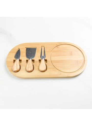 Silk Route Cheese Board Set with Stainless Steel Cheese Knives 3-Pieces,&lrm; 36cm x 18cm Size, Natural Bamboo, Round Corner Board