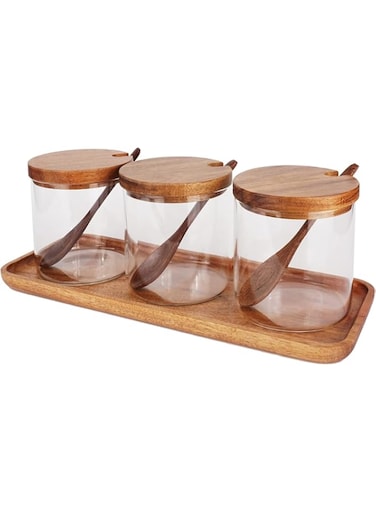 YHRY 3 Pcs Glass Spice Jars with Wooden Lids, 8.5oz Stylish Kitchen Canisters, Elegant Glass Condiment Containers with Wooden Spoons, Convenient to Store, for Sugar Salt Pepper
