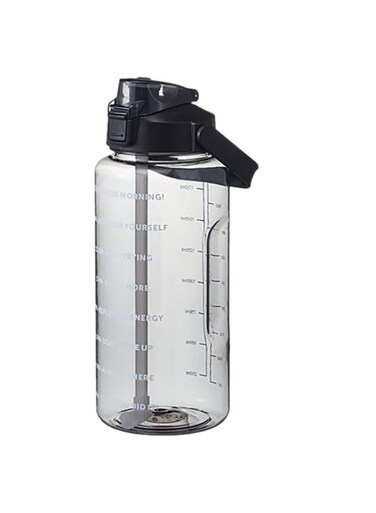 Plastic Water Bottle with Straw, 64 oz/2 L Large Water Bottle with Time Marker to Drink Leakproof Reusable Motivational Water Jug for Sports Gym Fitness Outdoor Black