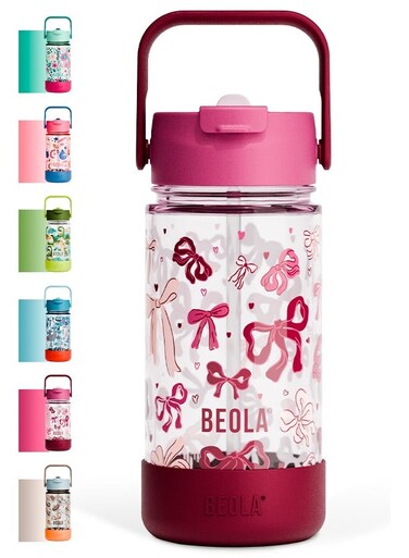 500ml Kids Water Bottle with Straw Lid and Silicone Protective Boot, Tritan Plastic, BPA BPS FREE Leak Proof and Drop Resistant Kids Water Bottles for School (Blush&amp;Bows)