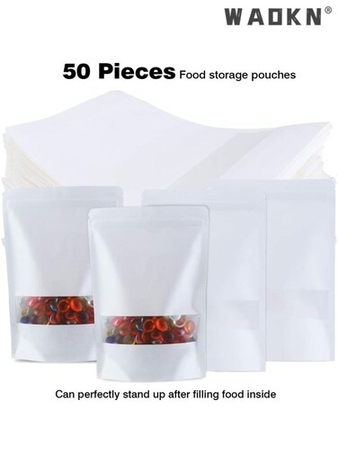 50 PCS Kraft Paper Stand Up Food Bags, Kraft Paper Food Storage Pouches, Reusable Ziplock Seal Bags, White Kraft Paper Food Packing Bag with Transparent Window, 18x26 cm