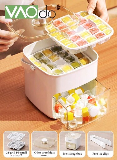 Ice Cube Tray with Lid and Handle Bin 2 Pack Silicone Plastic Ice Cube Trays Ice Trays with Ice Container Stackable Ice Tray with Storage Ice Bucket Kits Ice Tong Ice Scoop