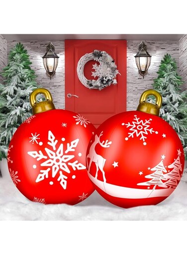 AUFUYAOLIN (2 Pieces) 24 Inch Giant PVC Inflatable Christmas Decorated Ball Ornaments Outdoor Large Xmas Blow Ball Decorations for Outside Holiday Yard Lawn Porch Decor