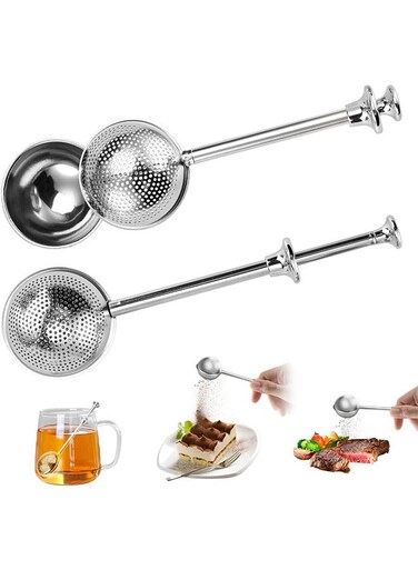 2Pcs Stainless Steel Tea Strainer Tea Infuser for Loose Leaf Tea,Tea Diffusers Fine Mesh Tea Ball Tea Accessories, Baking Supplies Baker's Dusting Wand Sugar Shaker Duster Flour Duster (Full+Half)