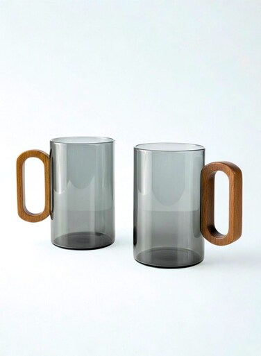 Set of 2- 350ML Borosilicate Glass Mugs with Walnut Acacia Wooden Handle, Smoky Grey