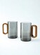 Set of 2- 350ML Borosilicate Glass Mugs with Walnut Acacia Wooden Handle, Smoky Grey