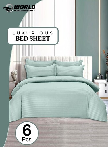 6-Piece Premium King Size Bedding Set, Pastel Green Striped Design-1 Full/King Size Luxury Bedsheet with Stripped Pattern with 1 Soft Duvet Cover and 4 Pillowcases &acirc;&euro;&ldquo; Suitable for Home and Hotels