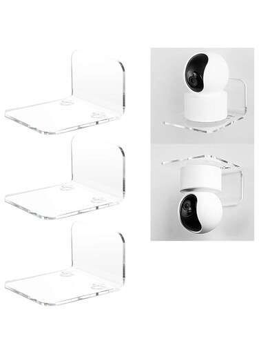 3 Pcs Acrylic Floating Wall Shelves for Security Cameras, Baby Monitors Speakers, Acrylic Display Shelves Ledges - Universal Small Wall Shelf with Cable Clips, 10-Piece Strong Tapes, No Drill (Clear)