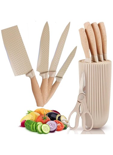 Golden Apple 6-Piece Chef Knife Set, Kitchen Knife Set with Universal Block, Stainless Steel Non-Stick Blades, Anti-Rust, Professional Quality for Home &amp; Restaurant, Sharp Kitchen Knives (Large)