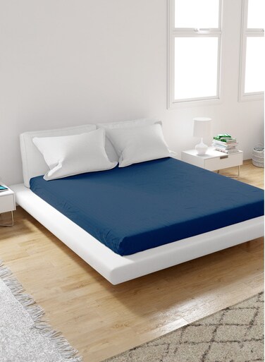 Linen Double Fitted Sheet 100% Cotton 200 Thread Count Breathable Bedding Sheet Comfortable Bed Sheets For Bedroom 160 x 200 cm Blue