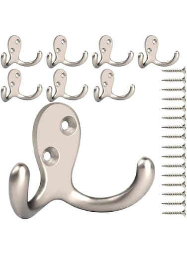 IBosins 8 Pack Heavy Duty Double Prong Coat Hooks Wall Mounted with 16 Screws Retro Double Hooks Utility Hooks for Coat, Scarf, Bag, Towel, Key, Cap, Cup, Hat