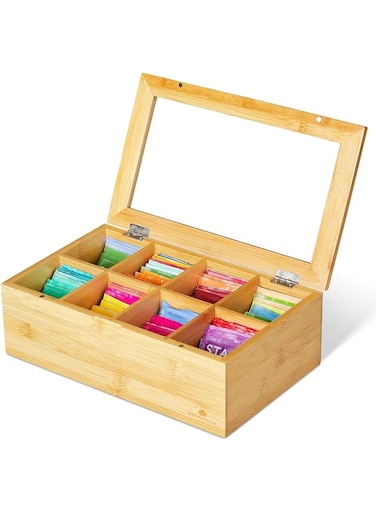 XICEN Natural Bamboo Tea Box Storage Organizer, 8 Compartments Tea Bag Holder with Clear Acrylic Top Window, Natural Wooden Finish Tea Storage Organizer (covered 8 Compartments)