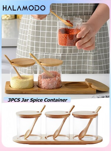 3PCS Condiment Jar Spice Container with Lids and Spoons, 10oz Clear Glass Condiment Canisters Pots Seasoning Box Salt Container Sugar Bowl Set for Kitchen Containers