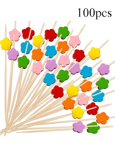 100 Pieces Bamboo Cocktail Picks, 12cm Long Fruit Food Sticks, Disposable Toothpicks for Food, Drinks, Fruits Party, Charcuterie Accessories (Multicolor)