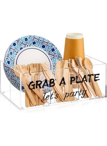 Acrylic Paper Plate Holder for Kitchen Counter Paper Plate Dispenser Utensil Caddy for Plate Cups Knives Spoon Napkins Utensil Caddy Organizer with 6 Compartments for Camping BBQ(Party)