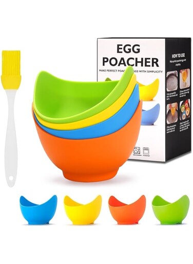 4 Pack Silicone Egg Poacher, Proxima Direct High Temperature Resistant Egg Steamer Silicone Egg Poaching Cups for Microwave or Stovetop Egg Cook, with Extra Silicone Oil Brush, BPA Free