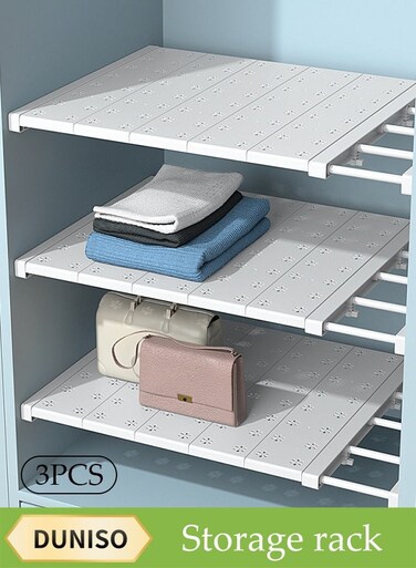 3-Pack,Separator Shelf, Wardrobe Nail-Free Retractable Storage Partitions, Kitchen Partitions, Dormitory Cabinet Layered Racks, Bathroom Storage Rack Tension Racks, Expandable Closet Racks, Adjustable, Suitable For Wardrobes, Cabinets, Cupboards (42 Cm, 42-48 Cm)