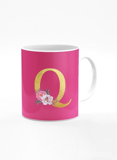 Designer Printed Coffee Mug 11oz Ceramic Personalised Gift Mugs Cup -Custom Monogram Initial Letter Floral Pattern Alphabet - Q (Dark Pink Rose)