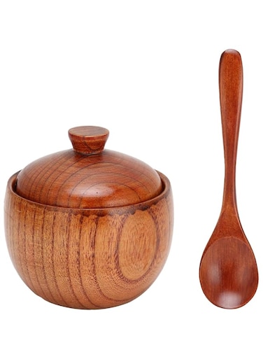 Cryfokt Wood Salt Box Jar, Dustproof Sugar Bowl Seasoning Container, Wooden Salt Cellar with Lid and Spoon, Condiment Storage Container for Home Canteen Restaurant Counter