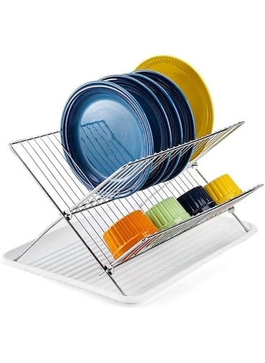 2 Tier Foldable Dish Drying Rack with Drip Tray, Stainless Steel Dish Drainer Rack, Collapsible Dish Drainer, Folding Dish Rack for Kitchen Sink, Countertop, Cutlery, Plates, Dishes