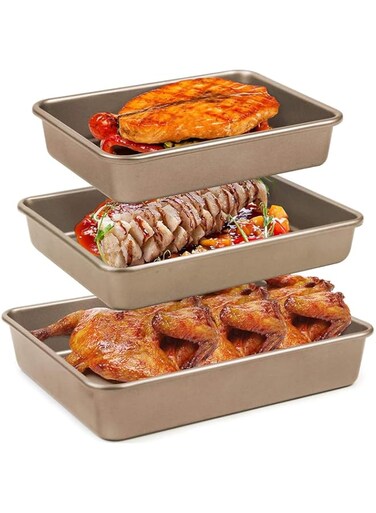 Joyzzz Baking Pan Set, 3pcs Durable Food Grade Carbon Steel Cake Pan, Non-stick Rectangle Oven Tray Baking Sheet Set, Deep Sheet Cake Pan for Homemade Cakes, Breads (9, 11, 13inch)