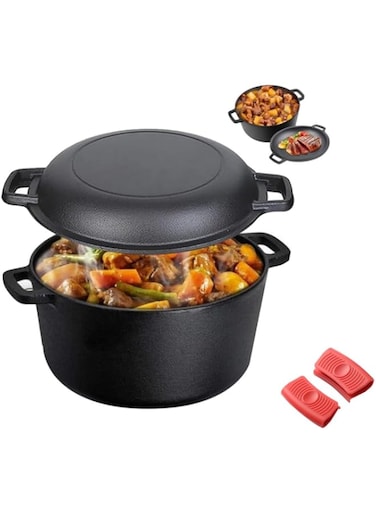 Aokraty Cast Iron Oven with Lid, 2-in-1 Combo Cooker Dual-purpose Non-Stick Pot Skillet Frying Pan, Pot &amp; Pan Set Casserole with Handle Cover for Camping Kitchen Griddle Cookware, 26cm 4.7L