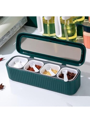 Kitchen Seasoning Box&iuml;&frac14;&OElig;Plastic Seasoning Container with 4 grid&iuml;&frac14;&OElig;Seasoning Storage Container with Lid and Spoon&iuml;&frac14;&OElig;Anti Slip, Easy to Clean&iuml;&frac14;&OElig;for Kitchen, Counter, Food Storage