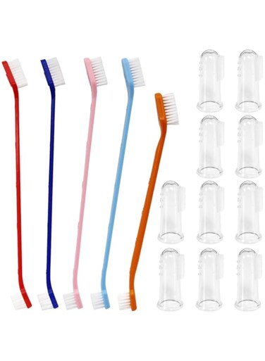 SourceTon Set of 15, Pet Toothbrush Set, 5 Dual Headed Toothbrush Dog Toothbrush and 10 Finger Toothbrush, for Dental Care of Dog &amp; Cat