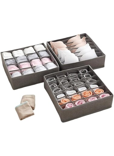 3 Pack Bra Underwear Drawer Organizer Dividers, Multiple Cell Fabric Foldable Dresser Closet Organizers and Storage Boxes for Bra, Socks, Underwear, Ties (7+7+16 Grid)