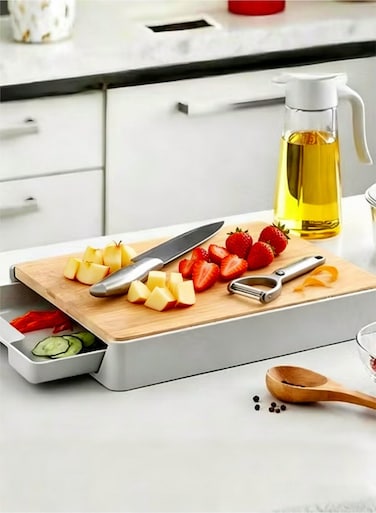 Bamboo Cutting Board with Pull-Out Drawer Tray, Anti-Slip Hangable Chopping Board, Multi-Functional Kitchen Cutting Board for Home