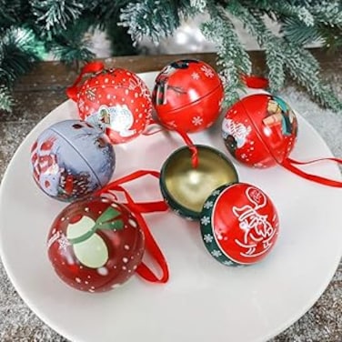 Christmas Decorations Tinplate 4PCS Balls With Ribbon Candy Storage Jar Promotional Gift Custom Christmas Tin Ball for Christmas tree hanging decoration balls, New year, Christmas party, RED,