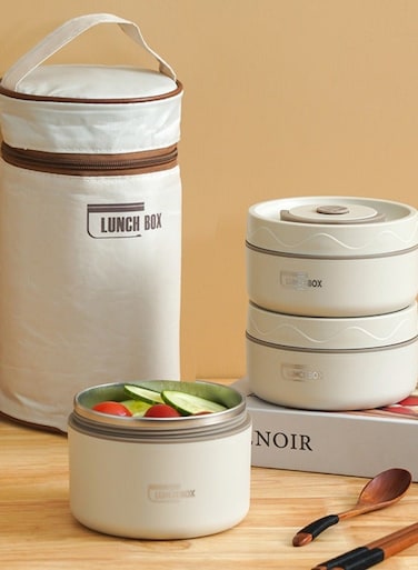 Portable Insulated Lunch Box with 3 Separate Stackable Thermal Bento Box 304 Stainless Steel Food Lunch Container Set with Lunch Bag Beige