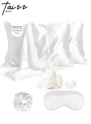 Ventures 2 Pack Mulberry Silk Pillowcases for Hair and Skin, Includes Eye Mask and Hair Tie Luxurious, Soft and Skin-Friendly, Pure White - Queen Size 30x20 Inch
