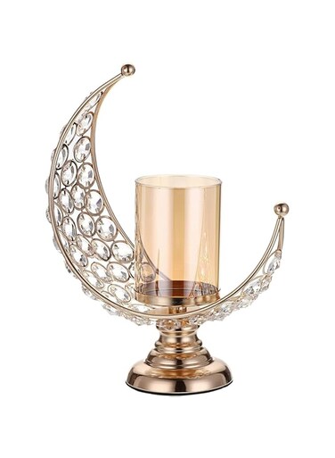 SOCOLINE Gold Moon Shaped Crystal Pillar Candle Holder Tealight Holder Metal Crystal Moon Candle Stand Votive Candlestick Candle Lamp for Table Centerpiece EID Ramadan Decor