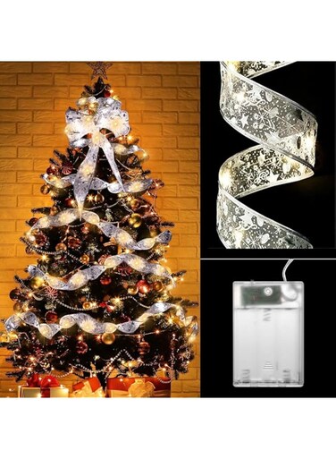 T Tersely 10M/32.8FT 100 LEDs Christmas Diwali Ribbon Lights Battery Operated Christmas Tree Decorations String Lights for Christmas Tree Birthday Party Indoor Outdoor Decoration (Silver-Warm Light)