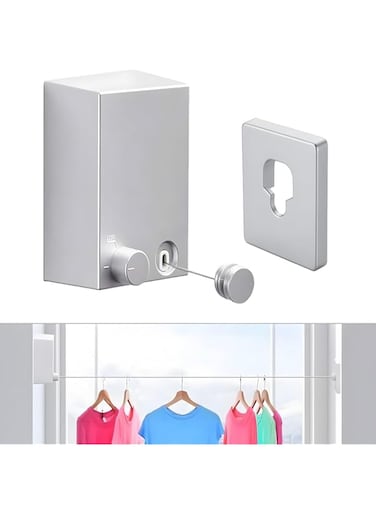 X spring Retractable Clothesline, 4.2m Wall Mounted Adjustable Laundry Line, Stainless Steel Clothes Line with Aluminum Alloy Bracket, Clothesline for Indoor Outdoor Bathroom Balcony (Silver)