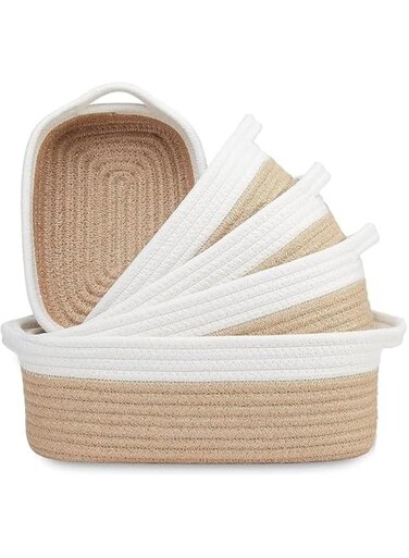 Storage Basket Set,5 Pack Woven Baskets for Organizing,Small Basket for Montessori, Baby Nursery, Dog Toy Baskets,Bathroom Organization Bin (Off White &amp; Jute)