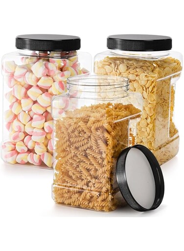 4-Pcs Clear Plastic Storage Jars with Airtight Lids &ndash; 1 Ltr Kitchen Organizer Canisters for Spices, Coffee, Rice, Sugar, Flour, Pasta, Nuts, Cookies, Candy &ndash; Space-Saving Kitchen Containers