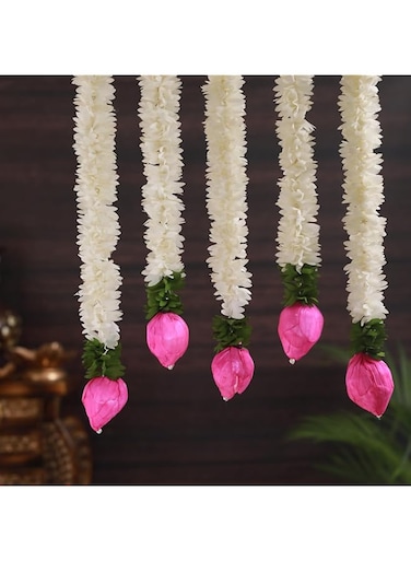 TIED RIBBONS 14 Inch Strings Jasmine Garland Toran with Lotus Buds for Pooja Decoration (Set of 5) Artificial Mogra Jasmine Garland Wall Hanging for Varalakshmi Puja, Diwali Decorations for Home
