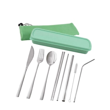 Portable Travel Utensils, Reusable Cutlery Camping Utensil Set with Case Including Stainless Steel Knife Fork Spoon Chopsticks Cleaning Brush Straws 8pcs