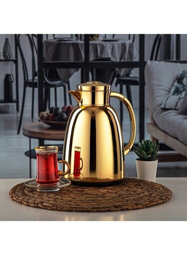 Almarjan Vacuum Flask Metal Body with Glass Liner 1L Matt Silver &amp; Gold (RPA-100-MSG)