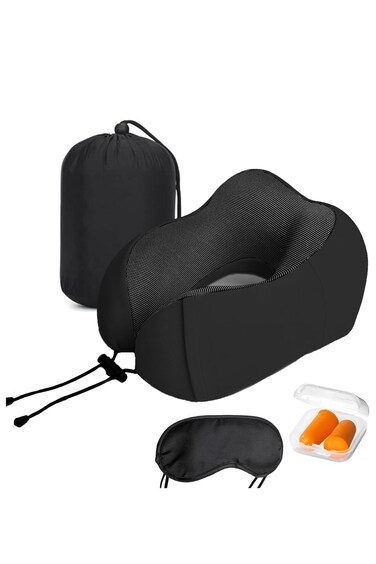 Travel Neck Pillow with Eye Cover and Earplugs Pure Memory Foam Head Support Pillow for Airplane, Car &amp; Home Neck and Shoulder Pain Relief Soft Pillow for traveling and Sleeping Grey