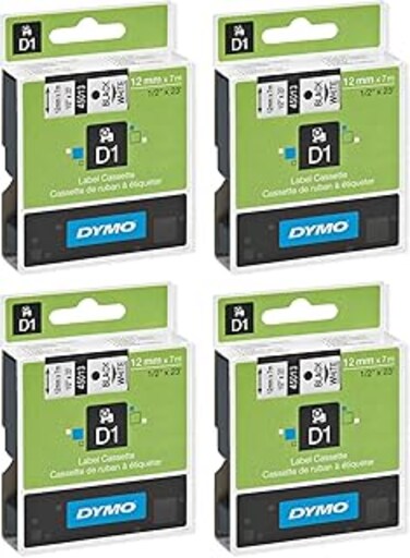 DYMO 45013 D1 Tape Cartridge for Dymo Label Makers, Created Specifically for Your Label Manager and LabelWriter Duo Label Makers, 1/2-inch x 23 Feet, Black on White, Pack of 4