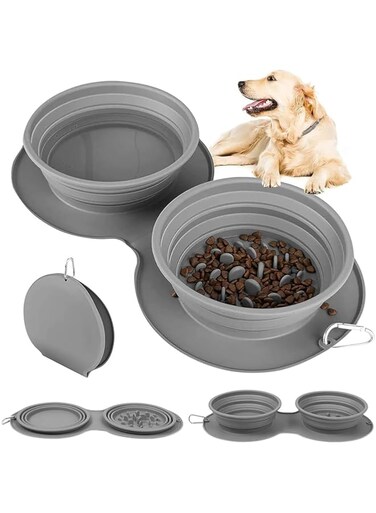 Rayyan Collapsible Dog Bowls,Pet Folding Bowl,2 in 1 Foldable Expandable Travel Pet Food Feeding Dog/Cat Bowl with No Spill Non-skid Silicone Mat and Carabiner Clip for Traveling,Hiking,Camping(Gray)