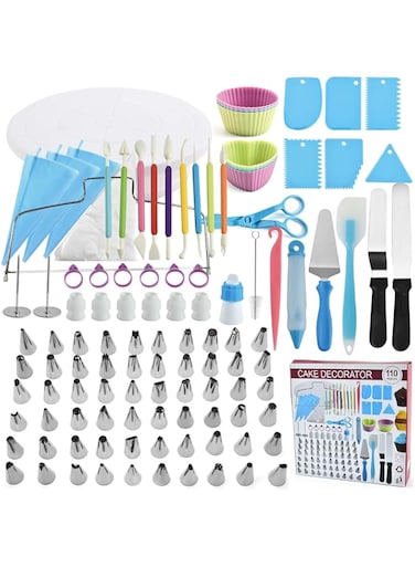 Cake Decorating Kit 110Pc Baking Supplies Tools, 3in1 Cake Turntable for Decorating Cakes Cupcakes Cookies with Piping Bags and Tips Set, Leveler, Spatula, Pastry Tools, Cutter, Cake Nozzles &amp; more